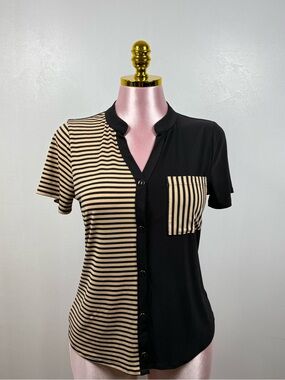 Ember Black & Tan Striped Colorblock Blouse Women Short Sleeve Size Medium
